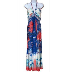 Cynthia Rowley Halter V-Neck Maxi Dress sz XL Y2K 2000s Nautical Mermaidcore EUC